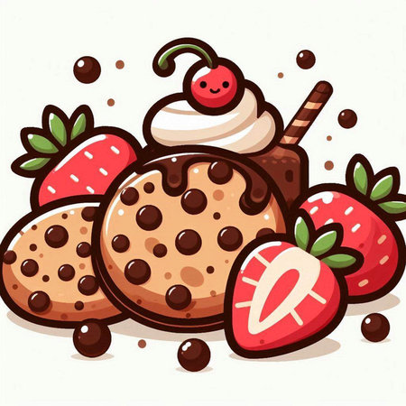 Chocolate ice cream with strawberries and chocolate cookies. Vector illustration.のイラスト素材
