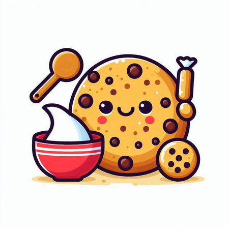 Cute cookie with cream and spoon. Vector illustration in cartoon styleのイラスト素材