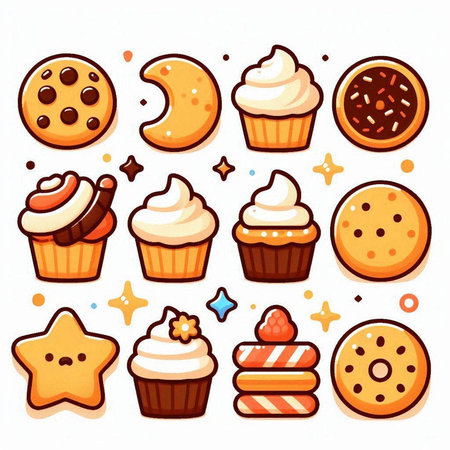 Cupcake and cookies icons set. Vector illustration in cartoon styleのイラスト素材