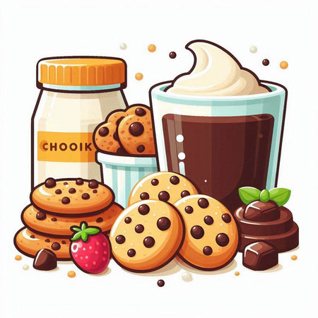 Chocolate chip cookies, milk, chocolate and cream. Vector illustration.のイラスト素材