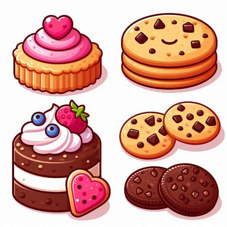 Vector illustration of a set of sweet cookies with chocolate and strawberry.のイラスト素材