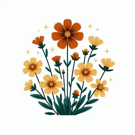 Flowers with stars. Vector illustration in a flat style. Isolated on white background.のイラスト素材