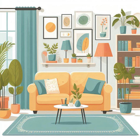 Living room interior with furniture and plants. Vector illustration in flat styleのイラスト素材