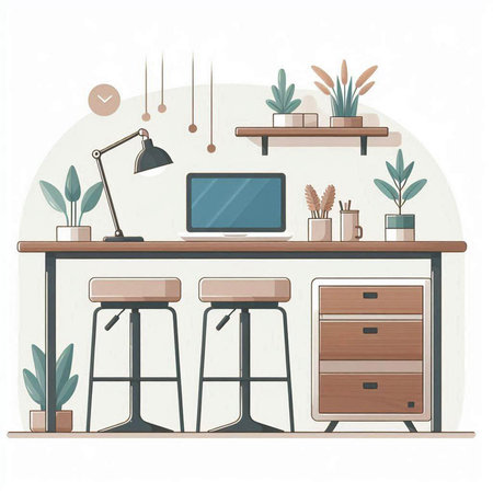 Vector illustration of home office workspace. Workplace with desk, chair, computer, plant, lamp and other items.のイラスト素材