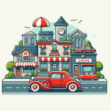Retro town street with old cars and buildings. Vector illustration.のイラスト素材