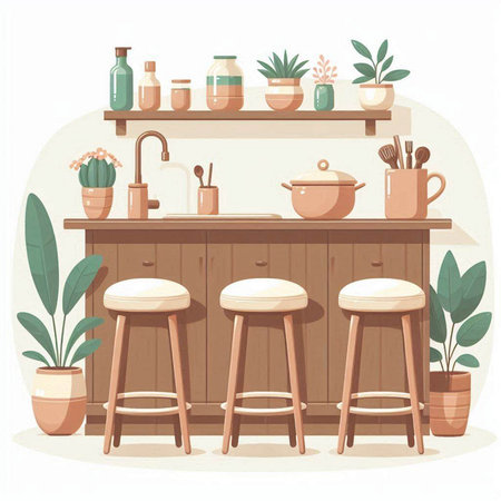 Kitchen interior with bar counter, chairs and plants. Vector illustrationのイラスト素材