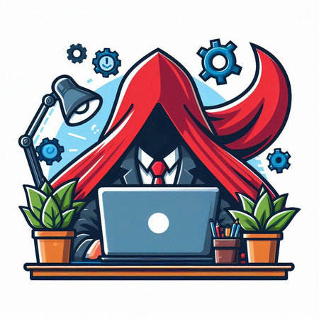 Vector illustration of a man in a red cloak with a laptop in the office.のイラスト素材