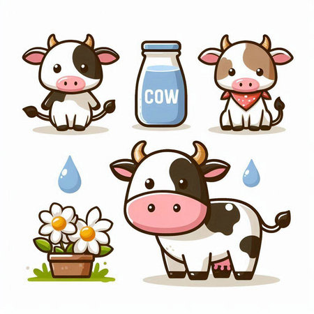 Cute cartoon cow character with milk bottle and flower vector illustration.のイラスト素材