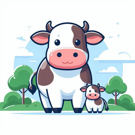 Cute cartoon cow with a calf on the farm. Vector illustrationのイラスト素材