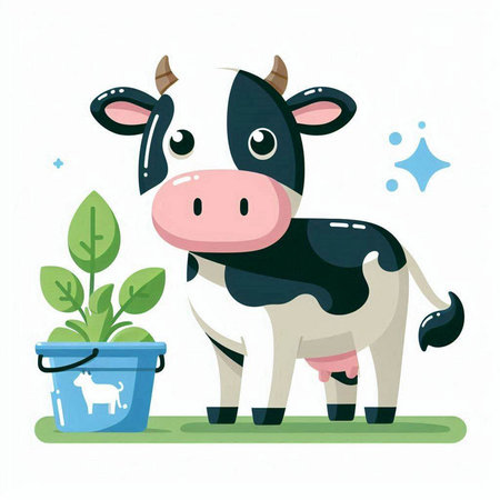 Cute cartoon cow with a bucket of water. Vector illustration.のイラスト素材