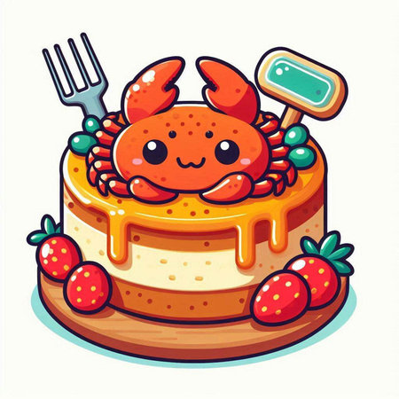 Cute cartoon crab with a slice of cake. Vector illustration.のイラスト素材
