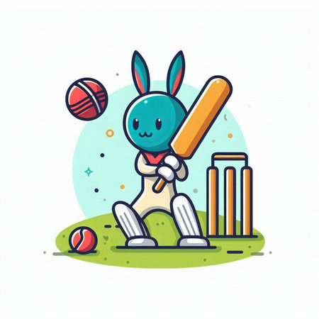 Cricket cartoon vector illustration. Cute character playing cricket.のイラスト素材