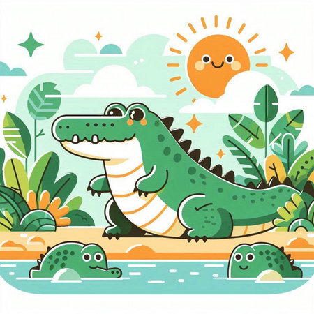 Cute crocodile in the jungle with sun. Vector illustration.のイラスト素材