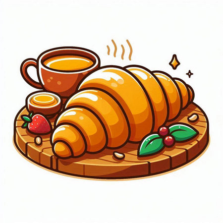 Coffee and croissant on wooden board. Vector illustration.のイラスト素材