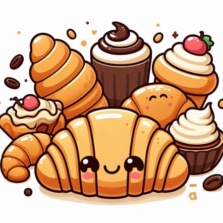 Cute cartoon croissants and cupcakes. Vector illustration.のイラスト素材