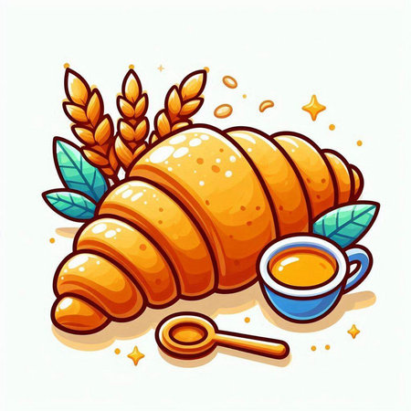 Croissant with honey and wheat ears on white background. Vector illustration.のイラスト素材
