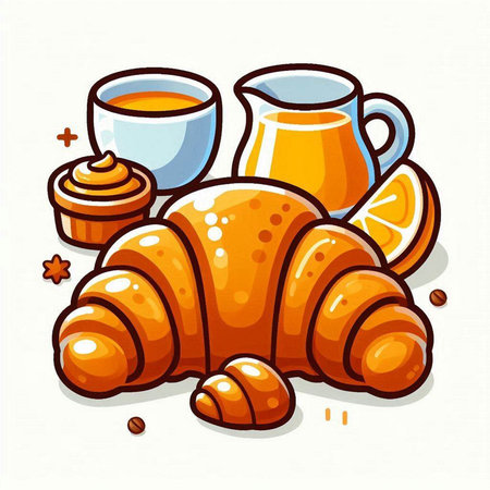 Croissant, cup of coffee and milk. Vector illustration.のイラスト素材