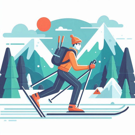 Skier in the mountains. Winter sports. Vector illustration in flat styleのイラスト素材
