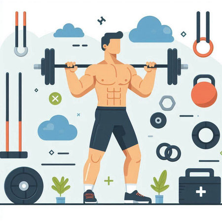 Flat vector illustration of man doing exercises with dumbbells.のイラスト素材