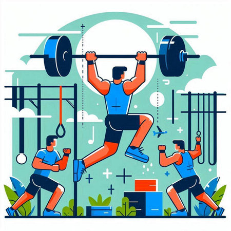 Fitness and healthy lifestyle concept. Sportive people doing exercises with barbell. Flat vector illustration.のイラスト素材
