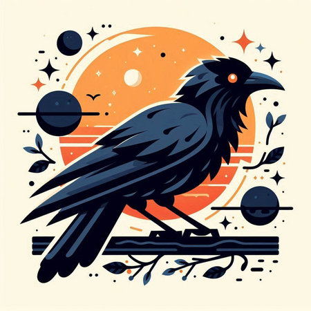 Crow on the background of the moon and stars. Vector illustration.のイラスト素材