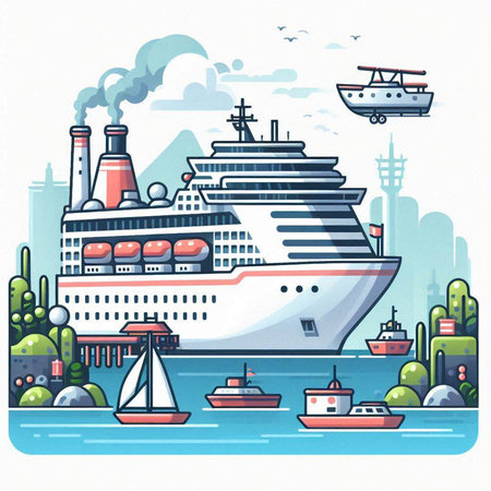 Cruise ship in the sea. Vector illustration of a cartoon style.のイラスト素材
