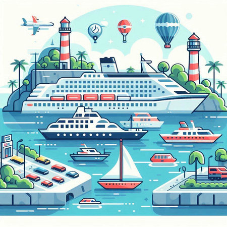 Cruise ships on the sea. Vector illustration in flat style.のイラスト素材