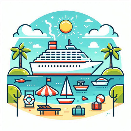 Cruise ship on the seashore. Vector flat illustration.のイラスト素材