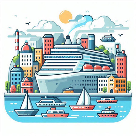 Cruise ship and yachts in the city. Vector illustrationのイラスト素材