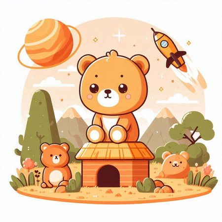 Cute cartoon bear with a house in the forest. Vector illustrationのイラスト素材