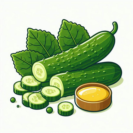 Cucumber and cucumber slices with oil. Vector illustration.のイラスト素材