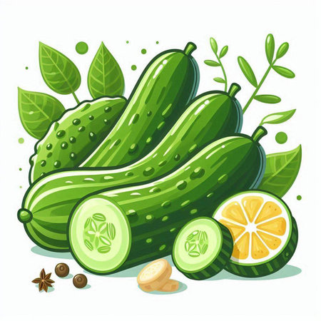 Cucumber with leaves and lemon on white background. Vector illustration.のイラスト素材