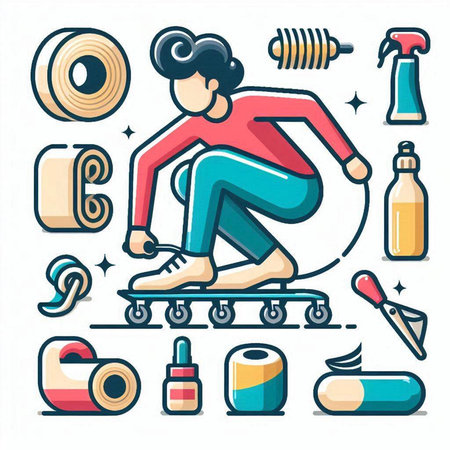 Skateboarding line icons set. Skateboarder, roller skates, rollerskates, sport equipment. Vector illustrationのイラスト素材