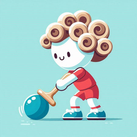 Cartoon funny kid playing bowling. Vector illustration in a flat style.のイラスト素材