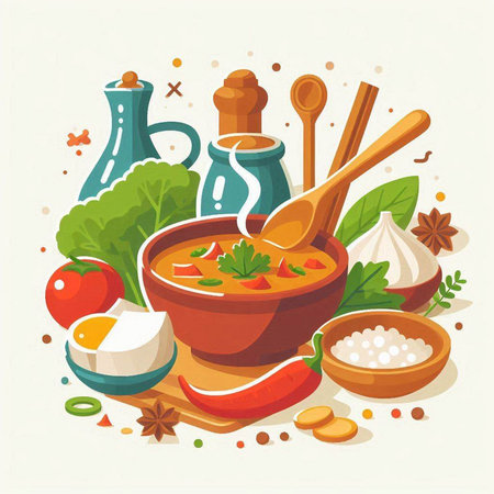 Vegetable soup in bowl with ingredients for cooking. Vector illustration.のイラスト素材