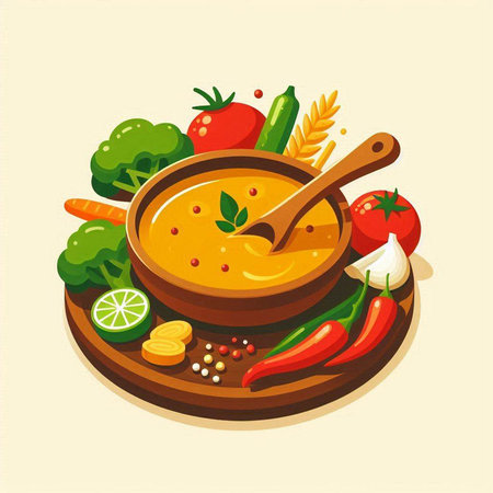Vector illustration of a bowl of soup with vegetables and spices on a light backgroundのイラスト素材