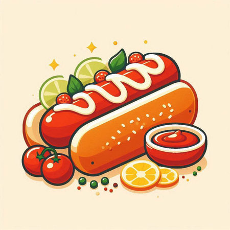Illustration of a hot dog with vegetables and fruit on a light backgroundのイラスト素材