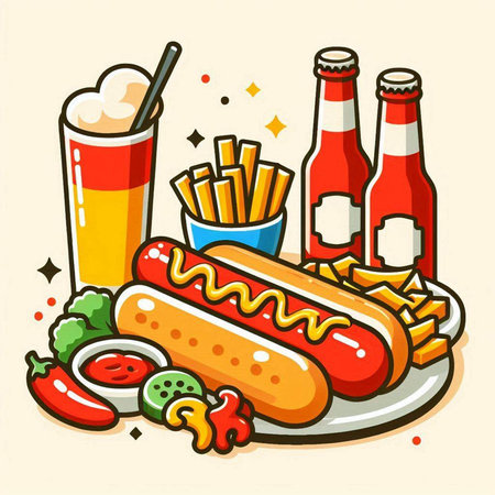 Vector illustration of hot dog with french fries, ketchup and colaのイラスト素材