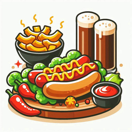 Illustration of a hot dog with ketchup, jalapeno pepper, chips and beerのイラスト素材