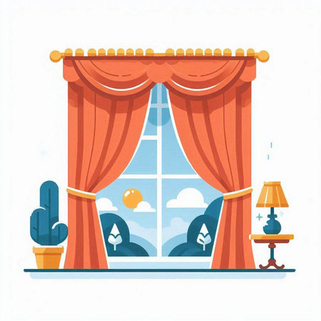 Window with curtains. Vector illustration in flat cartoon style on white background.のイラスト素材