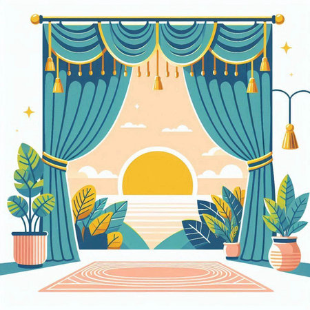 Curtains with plants and sun in the room. Vector illustrationのイラスト素材