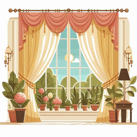 Window with curtains and plants in pots. Vector illustration in cartoon styleのイラスト素材