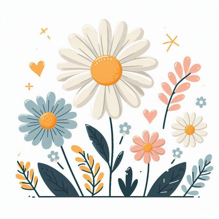 Cute floral card with daisies and leaves. Vector illustration.のイラスト素材