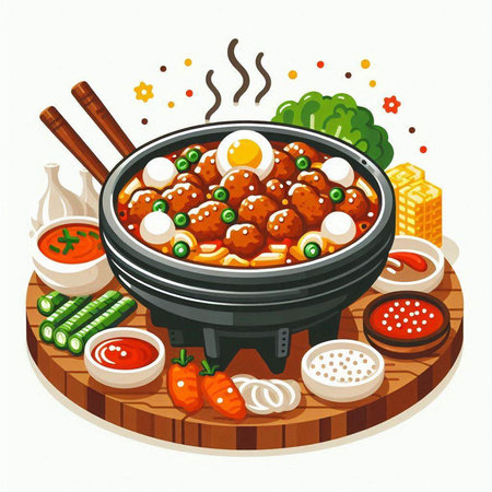 Illustration of a hot pot with meatballs, rice and vegetablesのイラスト素材
