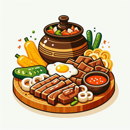 Illustration of a pot of soup with meat, vegetables and mushroomsのイラスト素材