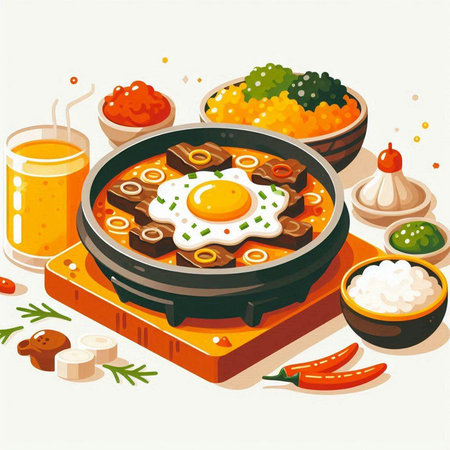 Illustration of fried eggs in a frying pan with vegetables and spicesのイラスト素材