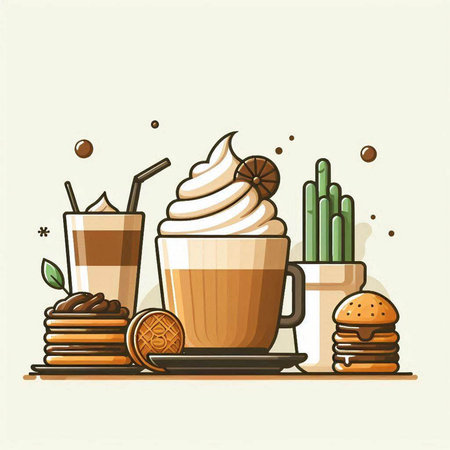 Coffee and desserts vector illustration in flat cartoon style. Cappuccino, latte, americano, cheeseburger, macchiato, french friesのイラスト素材