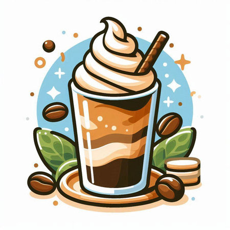 Iced coffee with whipped cream and coffee beans. Vector illustration.のイラスト素材