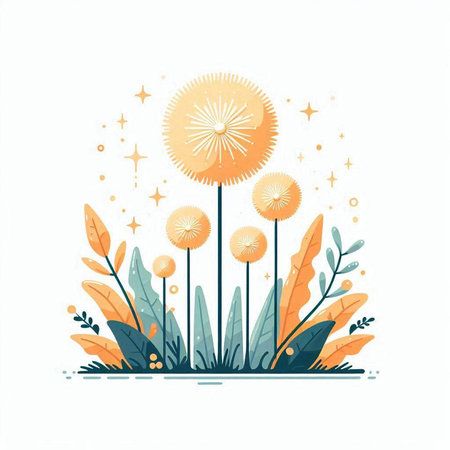 Vector illustration of a dandelion flower with leaves and stars.のイラスト素材