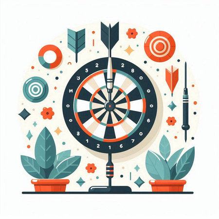 Dartboard with arrows and flowers in flat style. Vector illustration.のイラスト素材
